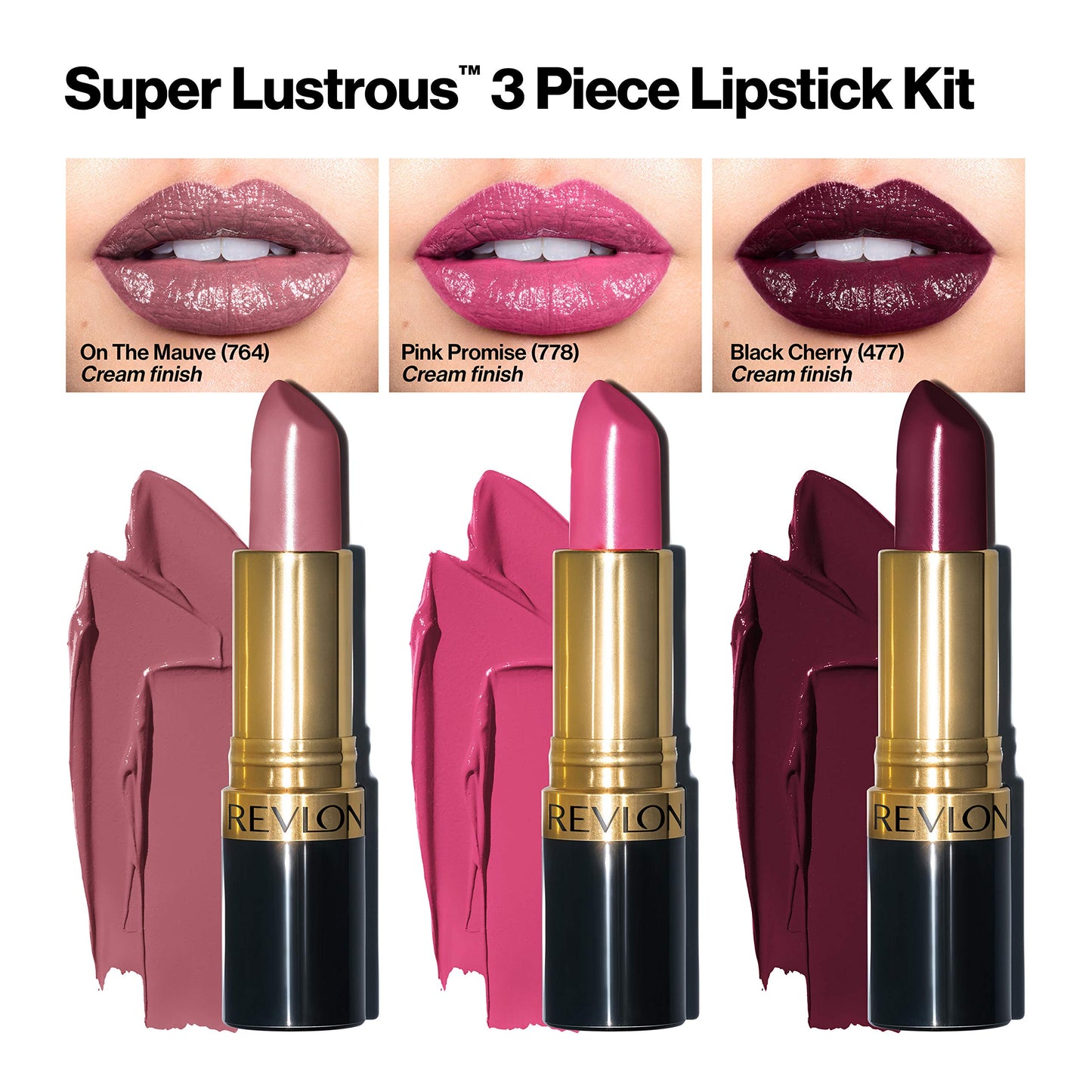 Revlon Super Lustrous 3-Piece Lipstick Gift Set, High Impact, Moisturizing, Cream Finish, 764 On The Mauve, 778 Pink Promise, 477 Black Cherry, 0.45