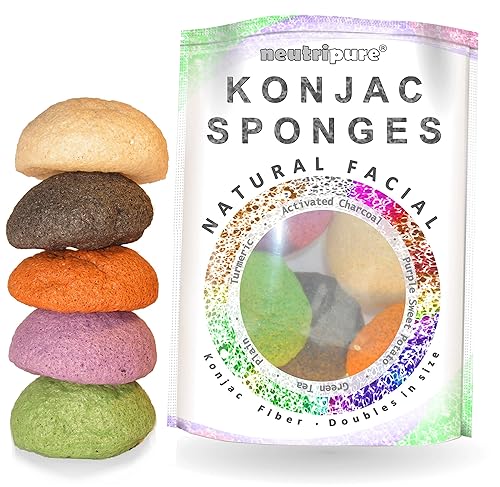 Konjac Sponge Set: Organic Skincare Facial for Natural Exfoliating and Deep Pore Cleansing 5 Piece Sampler Pack Infused with Charcoal, Turmeric, Green