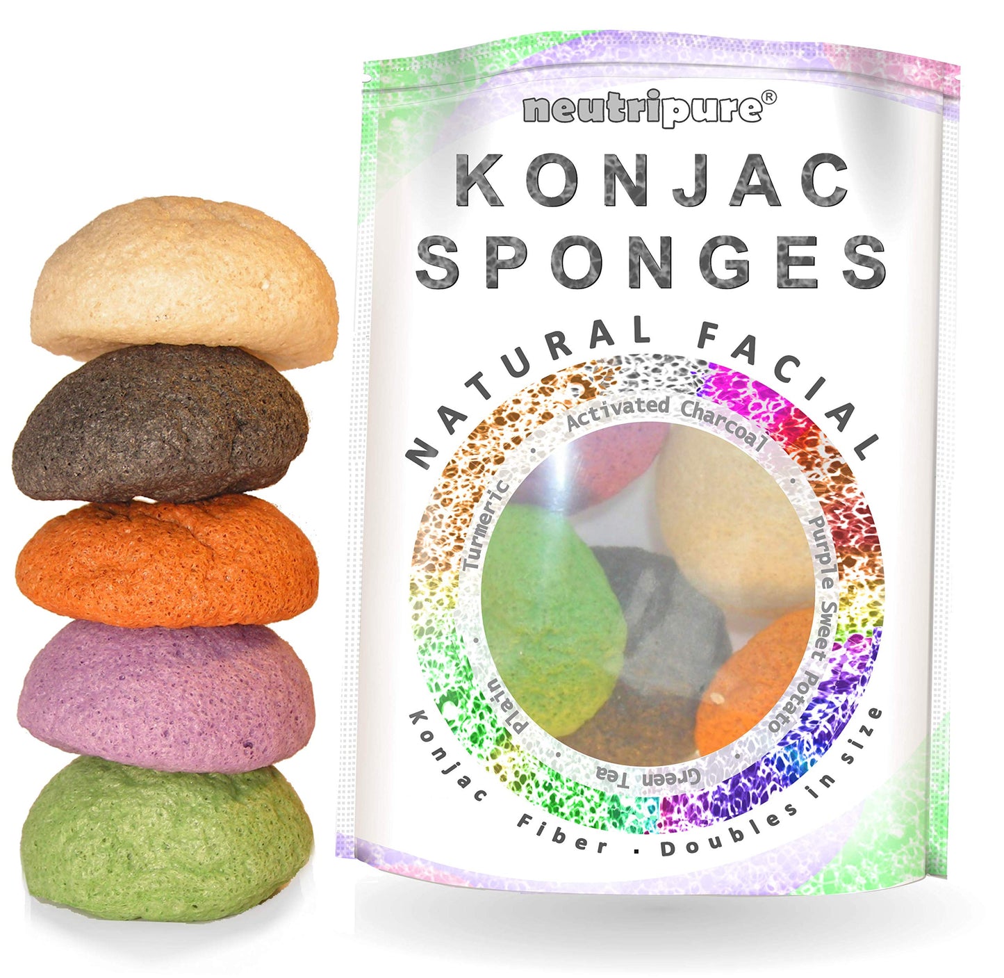 Konjac Sponge Set: Organic Skincare Facial for Natural Exfoliating and Deep Pore Cleansing 5 Piece Sampler Pack Infused with Charcoal, Turmeric, Green