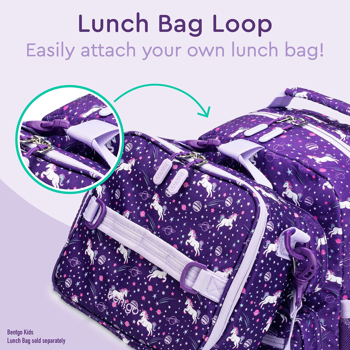 Bentgo Kids Backpack - Lightweight 14” Backpack in Fun Prints for School, Travel, & Daycare, Ideal for Ages 4+, Roomy Interior, Durable & Water-Resistant Fabric, & Loop for Lunch Bag (Unicorn)