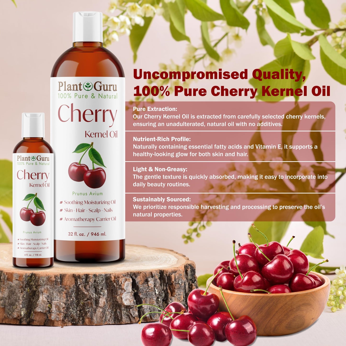 Plant Guru Cherry Kernel Oil 4 fl. oz. Cold Pressed 100% Pure & Natural Carrier - Skin, Face, Body & Hair Growth Moisturizer. Great for DIY Creams Beauty & Personal Care Plant Guru