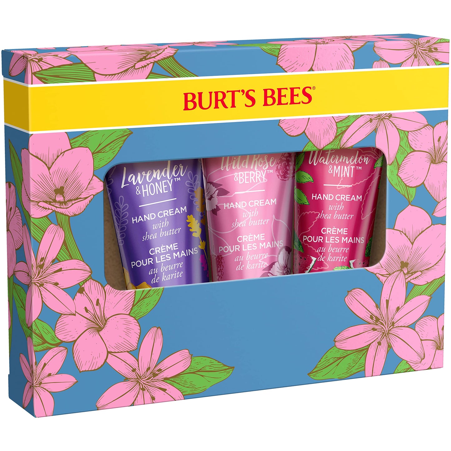 Burt's Bees Spring Gift, 3 Moisturizing Self Care Gifts, Shea Butter Hand Cream Trio Spring Set - Lavender & Honey, Wild Rose & Berry and Watermelon