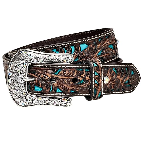 ARIAT Women's Turquoise Inlay Floral Bling Belt, Brown, Small