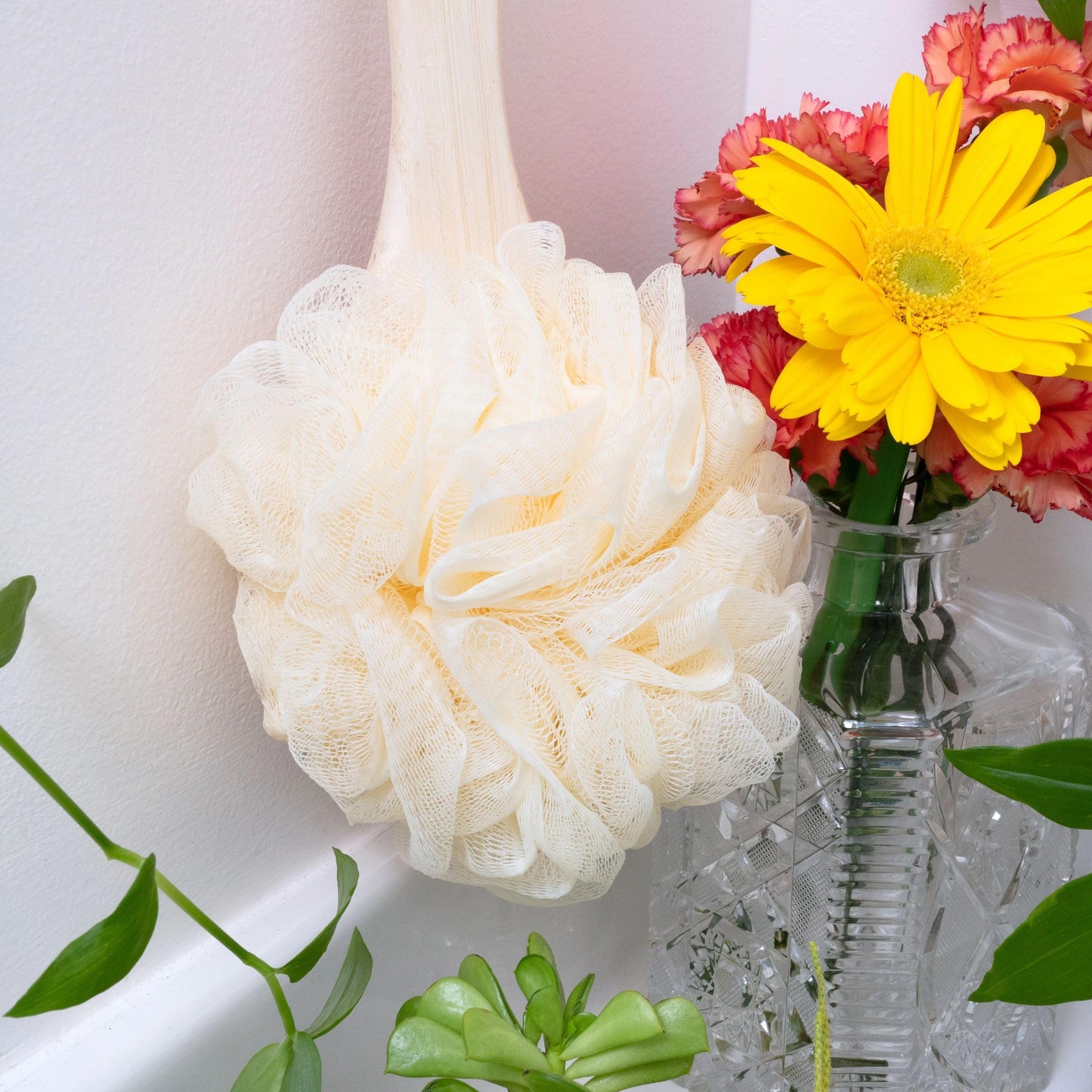 EcoTools EcoPouf Bath Brush, Loofah Brush for Bath & Shower, Made with Long Handle & Recycled, Soft Netting for Gentle Exfoliation, Back Brush for Men