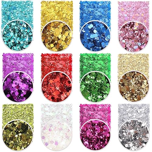 Holographic Chunky Sequins 12 Colors Mixed Laser Cosmetic Glitter for Face, Body, Eye, Hair, Nail Art, Lip Gloss - Festival Glitter Makeup