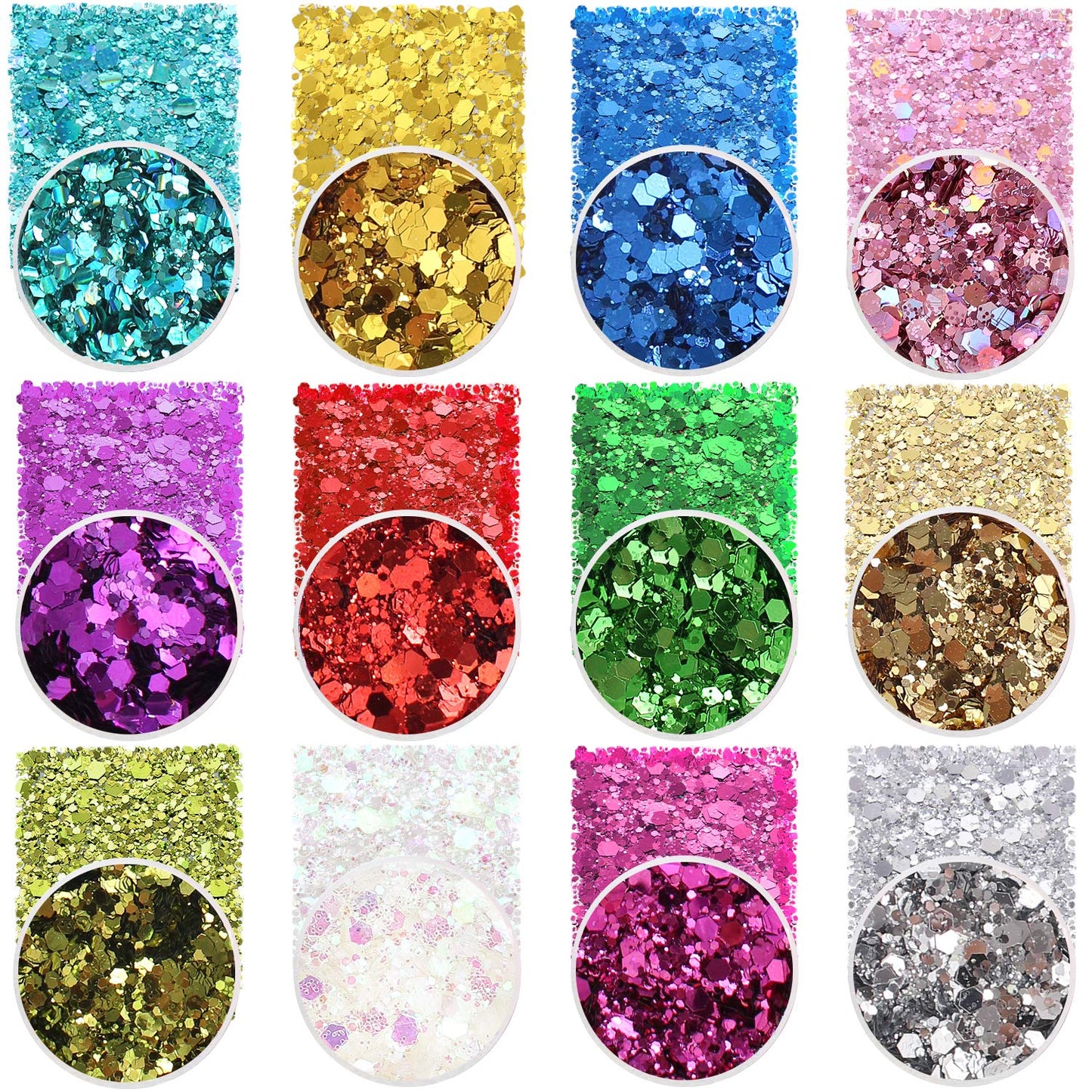 Holographic Chunky Sequins 12 Colors Mixed Laser Cosmetic Glitter for Face, Body, Eye, Hair, Nail Art, Lip Gloss - Festival Glitter Makeup