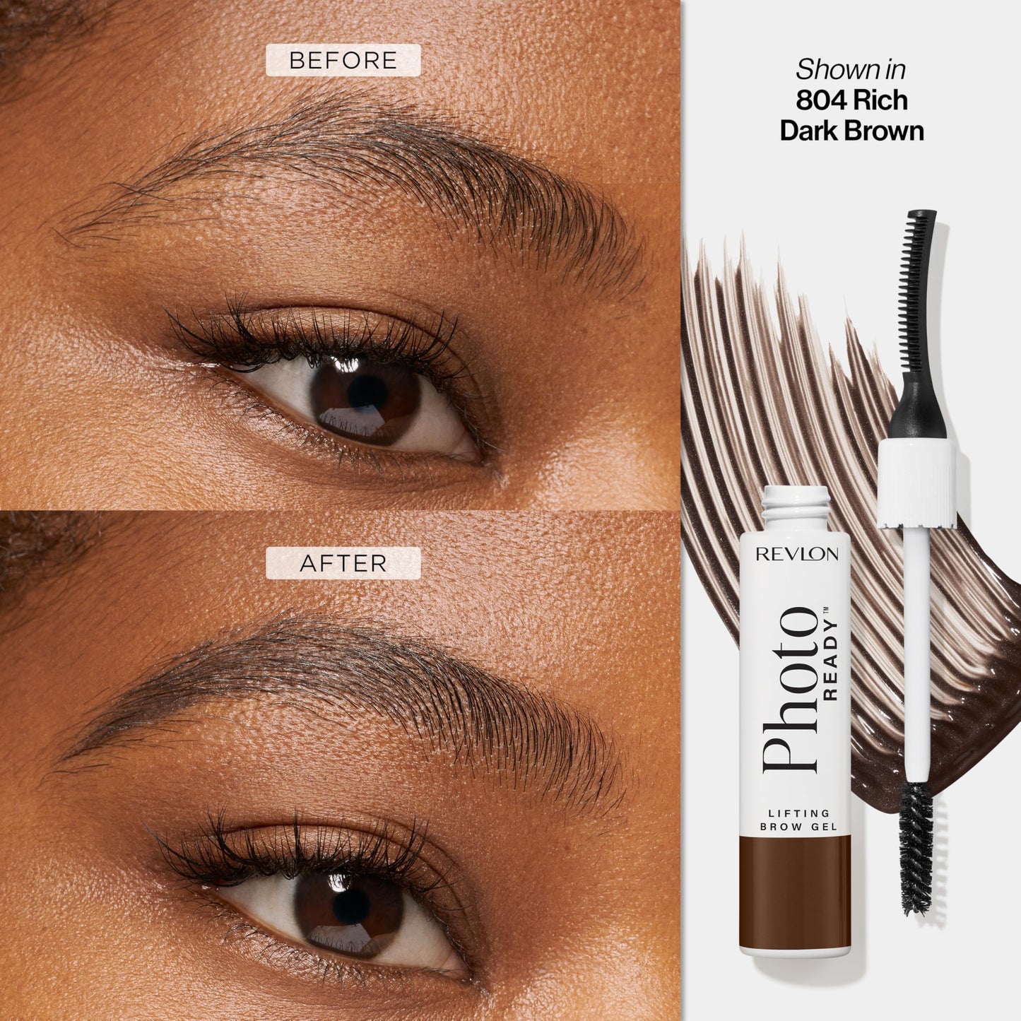 Revlon PhotoReady Lifting Brow Gel, Tinted Eyebrow Lamination with Spoolie Brush, Conditions, Shapes & Defines, 804 Rich Dark Brown, 0.23 fl oz