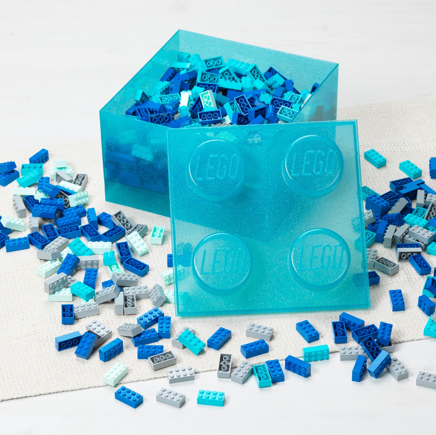 LEGO Storage Brick 4 Knobs Glitter Light Blue - Stackable Plastic Storage Box with Lid for Kids and Adults Desk Organizer and Toy Box
