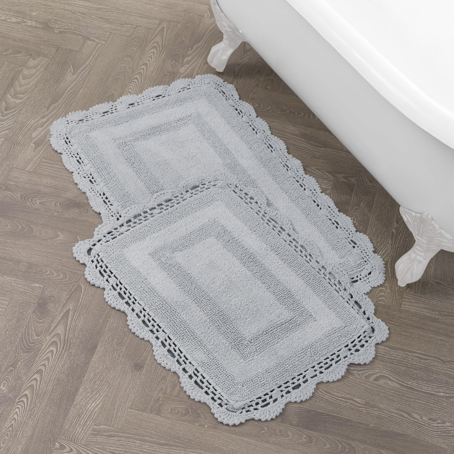 Laura Ashley Absorbent Bath Mat Reversible Crochet Soft and Plush Bathroom Mat 100% Cotton 2-Piece Bath Rug Set, Light Grey