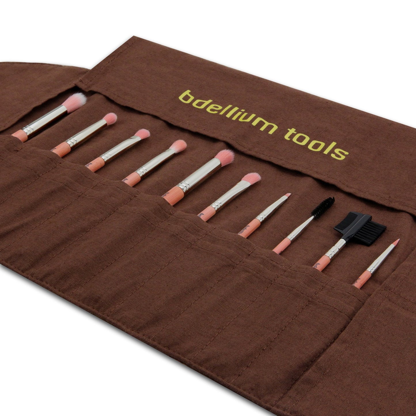 Bdellium Tools Professional Makeup Brush Pink Bambu Series - Eyes Only 10pc. Brush Set with Roll-Up Pouch