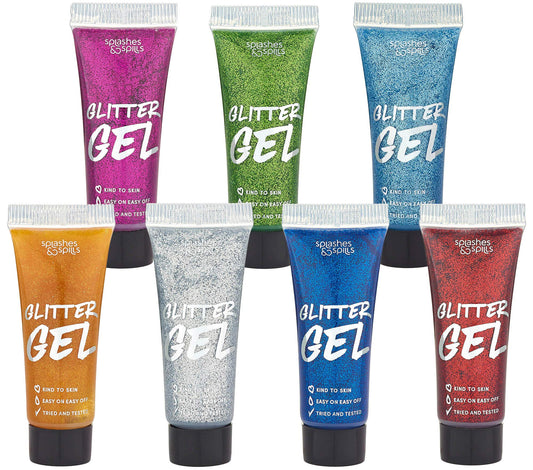 Body Glitter Paint Gel - 7 Color Costume Set for Women, Girls - 10 ml Tubes Holographic Shimmer Effect for Hair, Body, Face - Great for Festival Beauty & Personal Care splashes & spills
