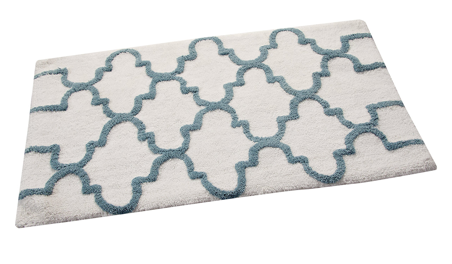 Saffron Fabs Bath Rug 100% Soft Cotton, Size 34x21 Inch, Latex Spray Non-Skid Backing, White/Arctic Blue Color, Geometric Pattern, Hand Tufted, 190…