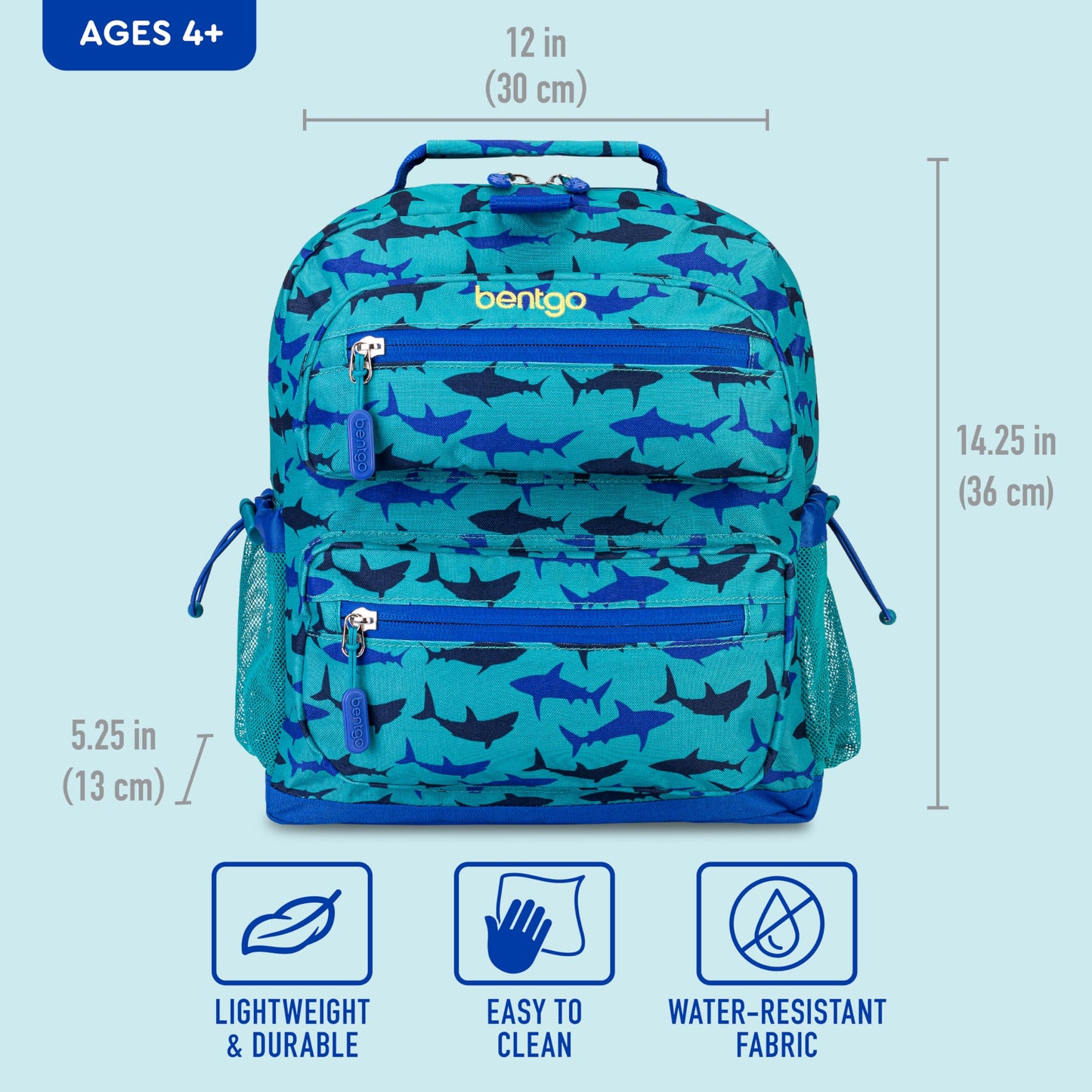 Bentgo Kids Backpack - Lightweight 14” Backpack in Fun Prints for School, Travel, & Daycare, Ideal for Ages 4+, Roomy Interior, Durable & Water-Resistant Fabric, & Loop for Lunch Bag (Shark)