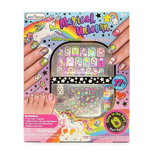 Hot Focus Unicorn Nail Kit - Kids Nail Polish Set for Girls Ages 5 6 7-12 with 77+ Pieces, Spa Kit, Nail Art Decoration Set, Glow-in-the-dark