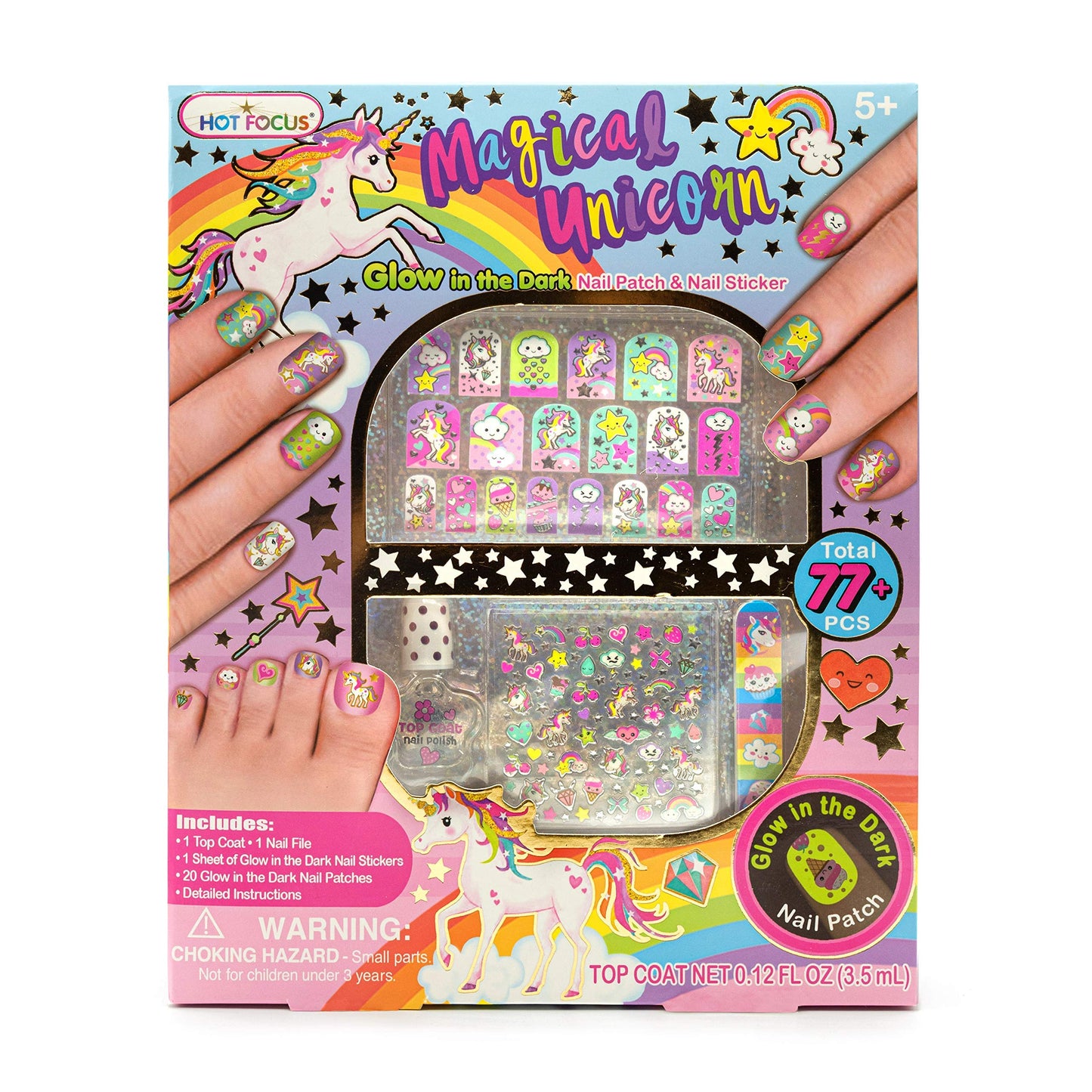 Hot Focus Unicorn Nail Kit - Kids Nail Polish Set for Girls Ages 5 6 7-12 with 77+ Pieces, Spa Kit, Nail Art Decoration Set, Glow-in-the-dark