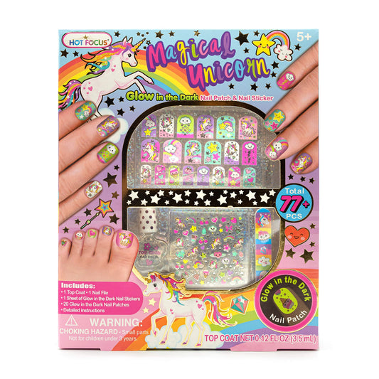 Hot Focus Unicorn Nail Kit - Kids Nail Polish Set for Girls Ages 5 6 7-12 with 77+ Pieces, Spa Kit, Nail Art Decoration Set, Glow-in-the-dark