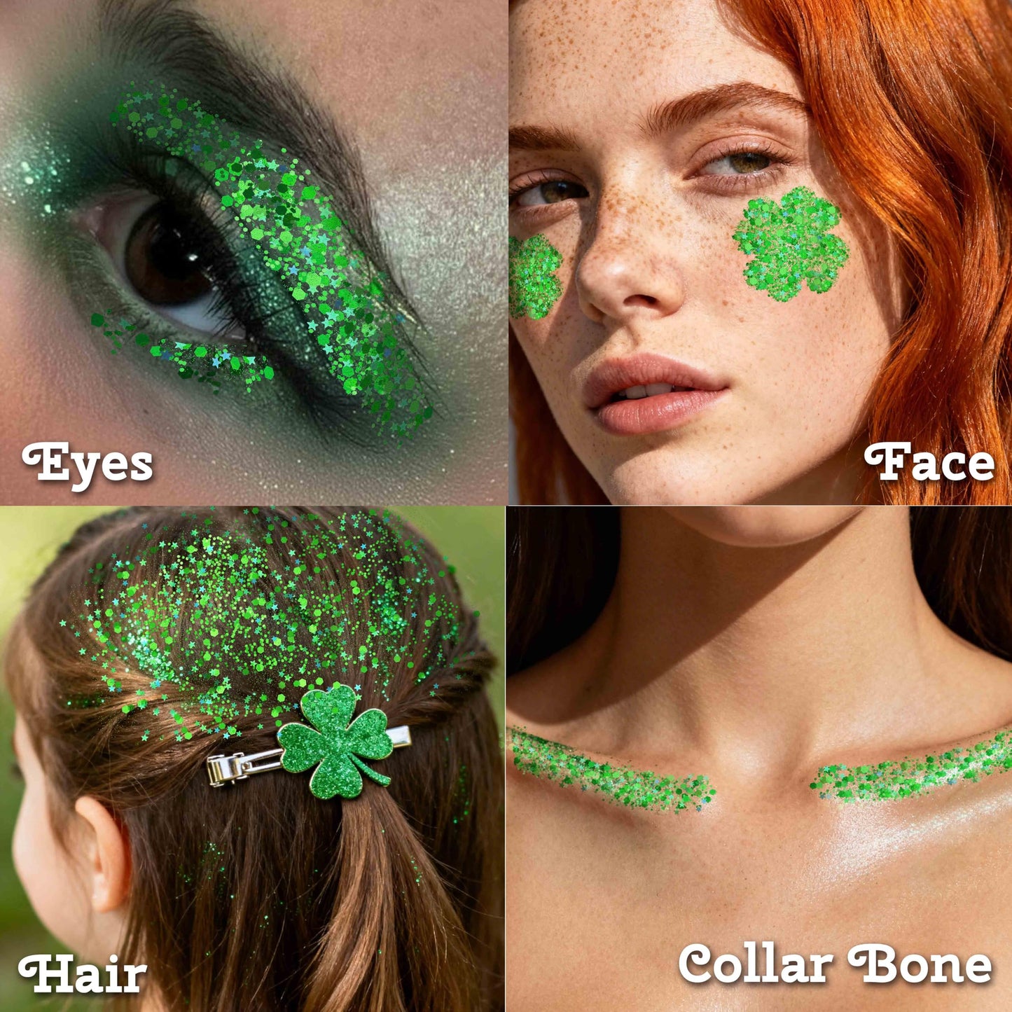 St Patricks Day Accessories Green Face Glitter & 10 PCS 7mm 33’ St Patricks Day Decorations Green Beaded Necklace Set, Christmas Glitter for Hair