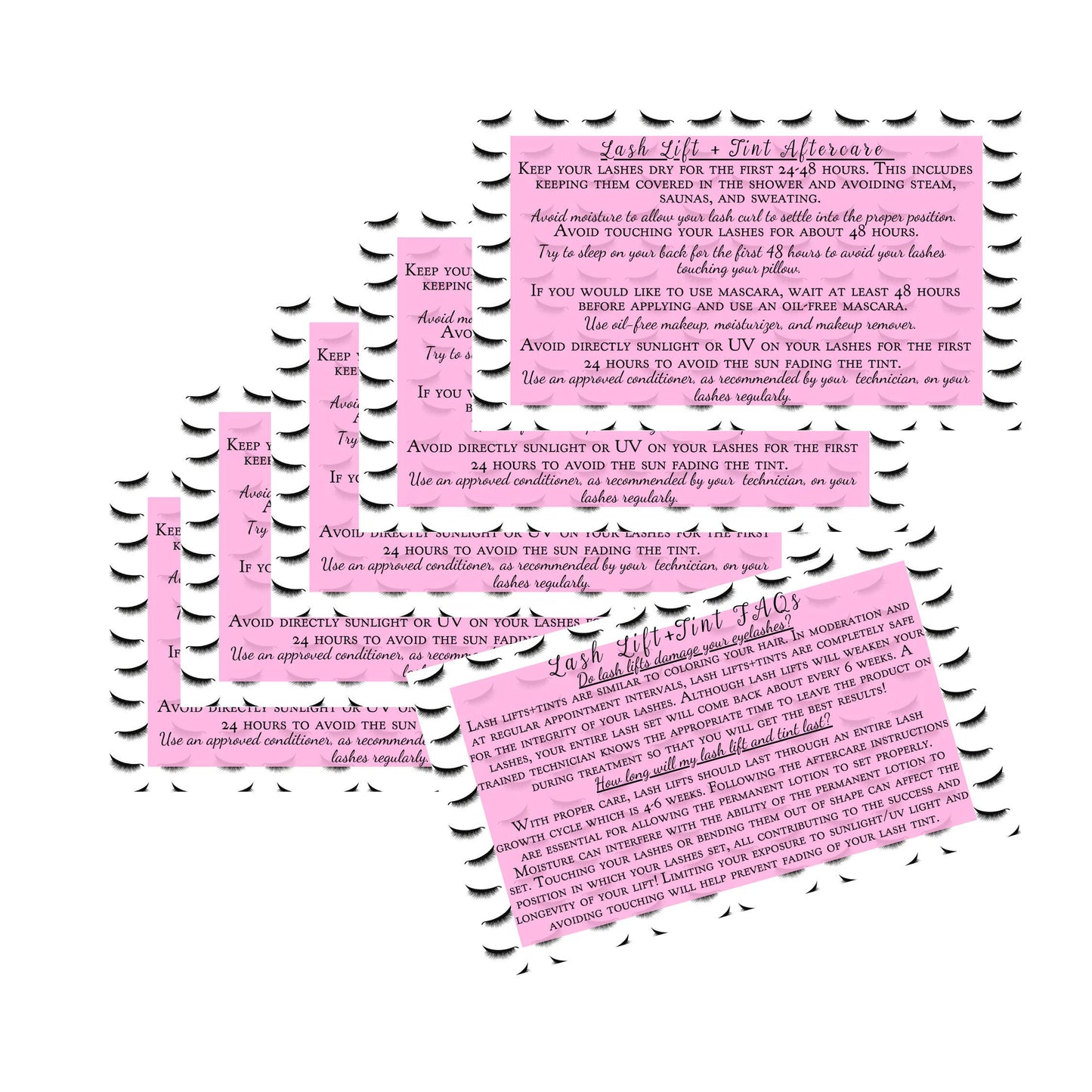 Lash Lift + Tint Aftercare Instruction Cards | 50 Pack | 2 x 3.5” inches Business Card Size | Eyelash Lift and Tint Kit at home diy aftercare supplies