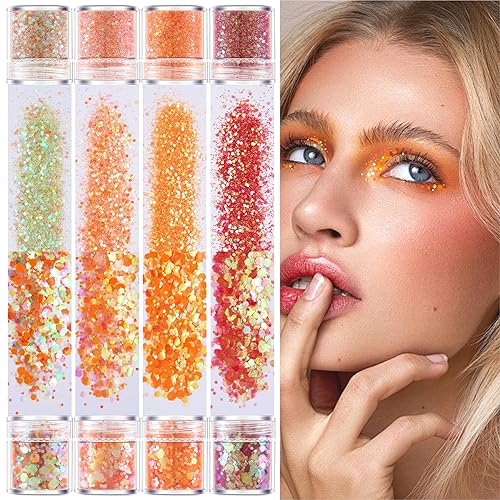 GABOX 8-Jar Sunset Orange Glitter Set, Holographic Fine Powder & 1mm & 2mm & 3mm Sequins Flakes Set for Cosmetic - Nail - Resin, Iridescent Art