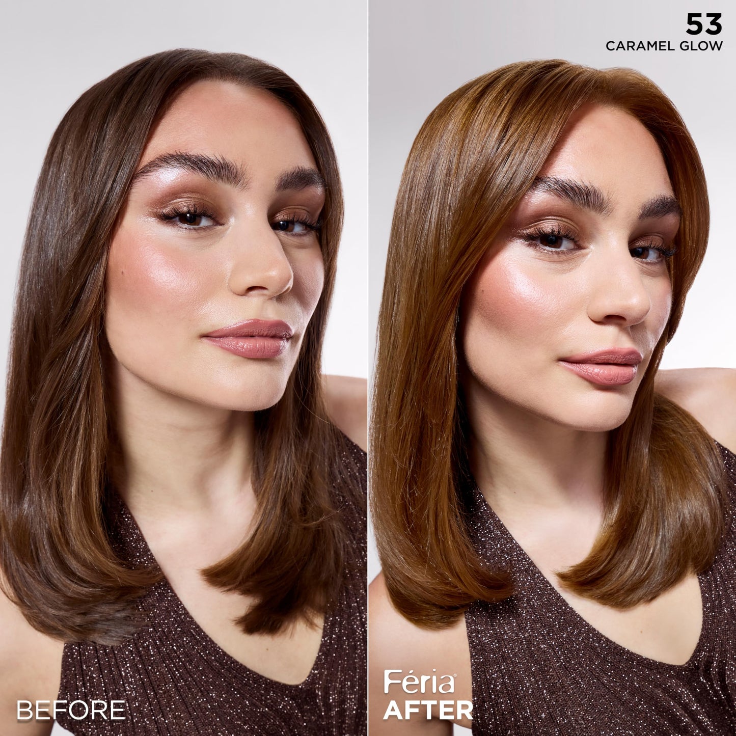 L'Oreal Paris Feria Multi-Faceted Shimmering Permanent Hair Color, High Intensity Hair Dye for 3X Highlights, 53 Caramel Glow, 1 Kit
