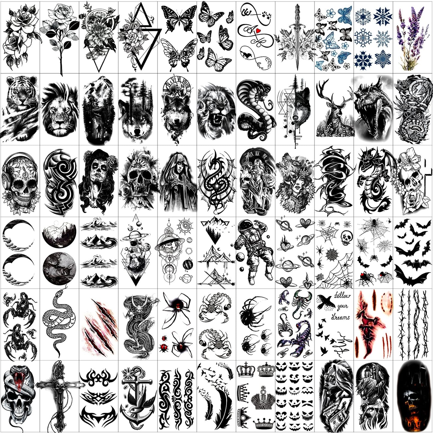 JEEFONNA 82 Sheets Temporary Tattoo for Men Women Adults, Include 12 Sheets Black 3D Half Sleeve Temporary Tattoos, Halloween Tattoos Scary Lion Wolf Beauty and Personal Care JEEFONNA