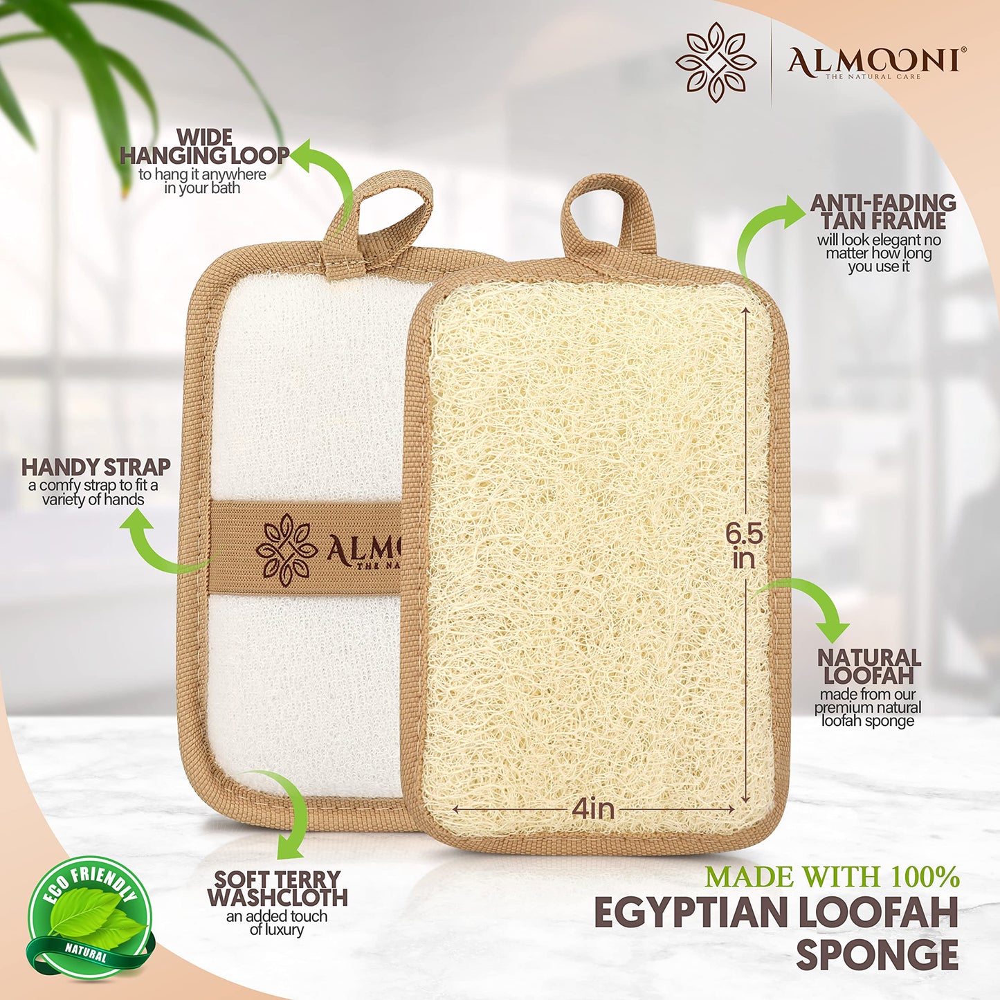 Almooni Premium Egyptian Exfoliating Loofah Pad Body Scrubber - Rectangular loofa Shape - Made with Natural Egyptian Shower lufa Sponge That Gets You