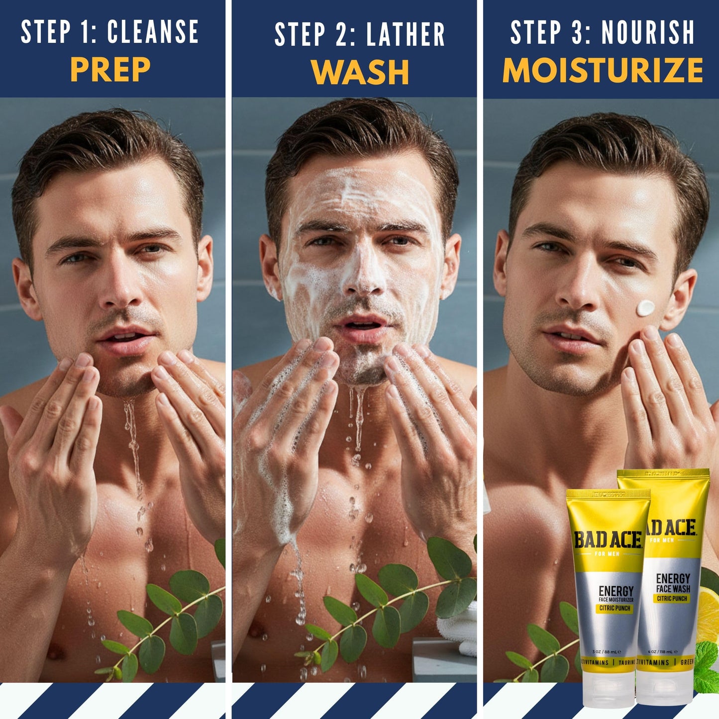 BAD ACE Energy Daily Face Wash | Korean Skin Care Formula Mens Face Wash for Dry Skin, Sensitive, Acne-Prone | Facial Cleanser for Men with Vitamins