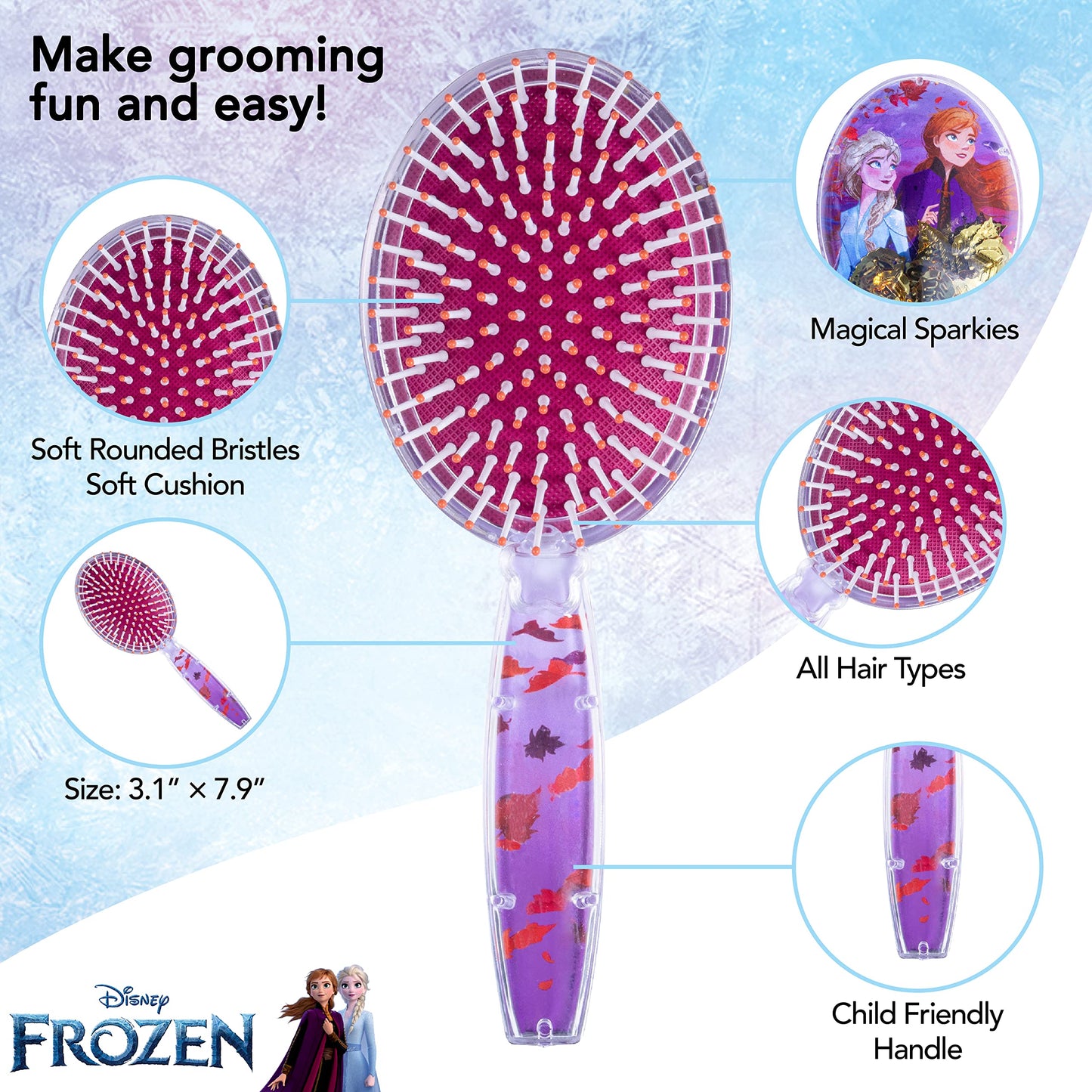 Disney Frozen Hair Brush with Magical Sparkling Leaves Confetti featuring Anna and Elsa for Girls, Purple - Kids Ages 3+
