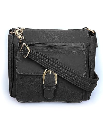 Roma Leathers Concealed Carry Cross Body Handbag - Premium Black Vegan Leather - Adjustable, Detachable, and Wire Reinforced Shoulder Strap - Front…