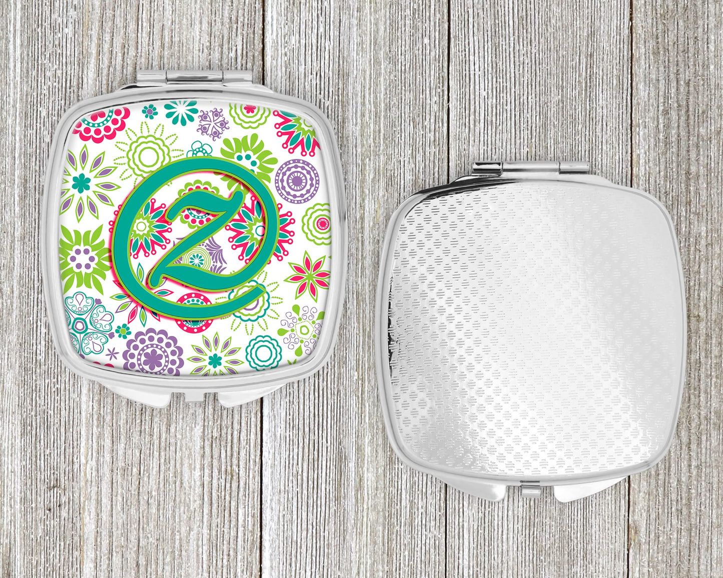 Caroline's Treasures CJ2011-ZSCM Letter Z Flowers Pink Teal Green Initial Compact Mirror Decorative Travel Makeup Mirror for Women Girls Gifts Pocket