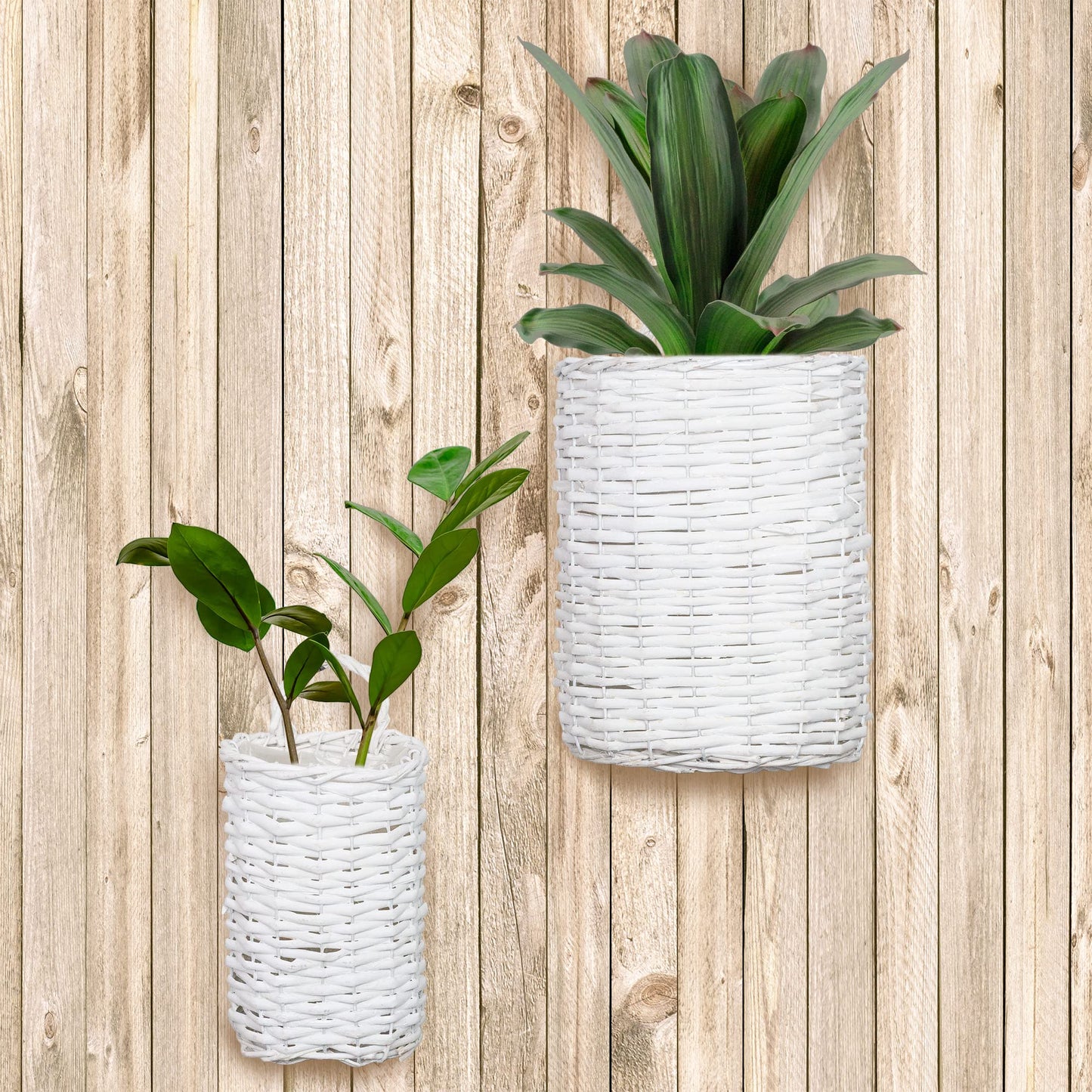 AuldHome Design Wall Hanging Baskets (White, Set of 2); Woven WIcker Rustic Farmhouse White Washed Door Baskets, Small and Medium Size