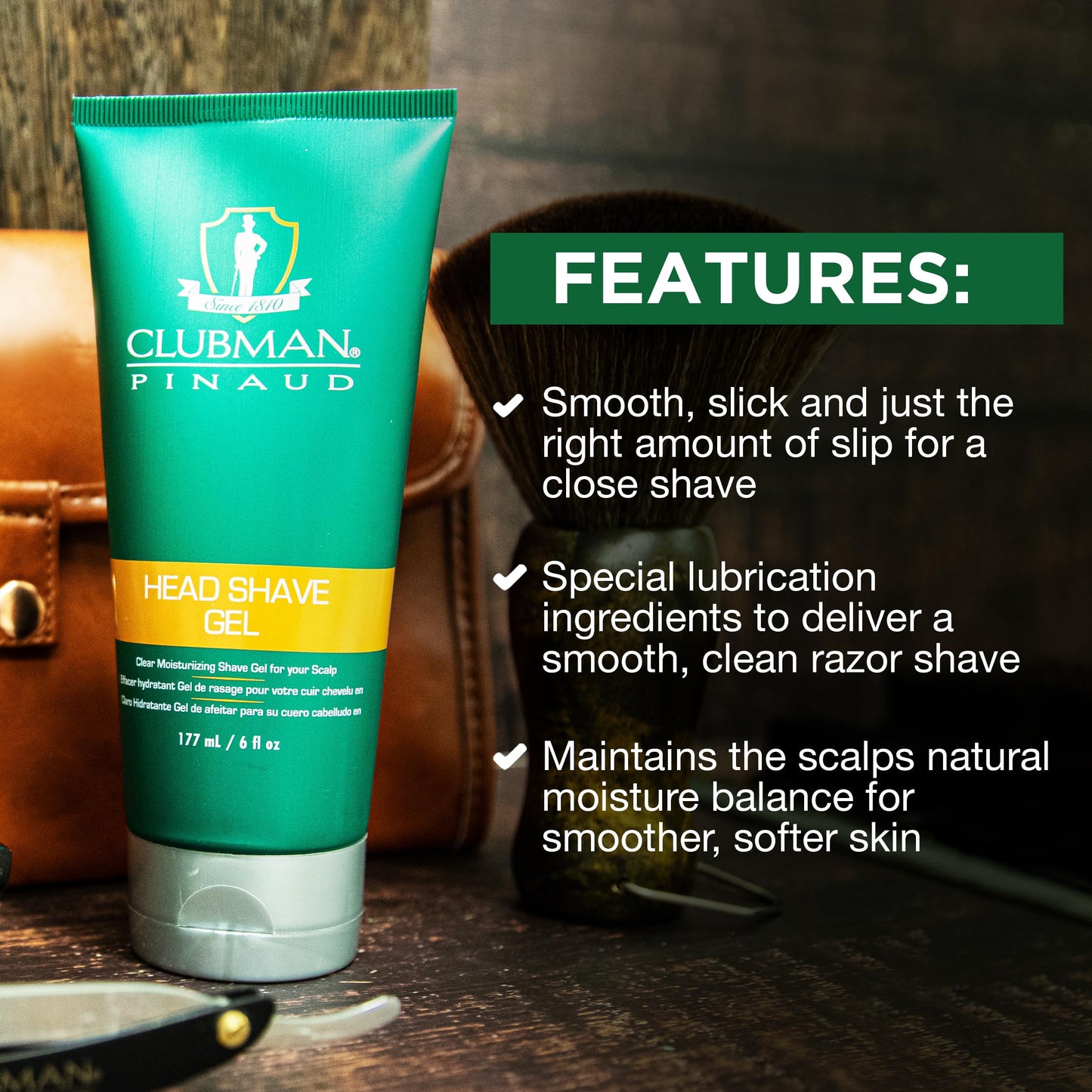 Clubman Pinaud Head Shave Gel for Men - Clear Moisturizing Shaving Gel for Men, Hydrating Facial Hair for Sensitive Skin, Barber Supplies, 6 fl oz