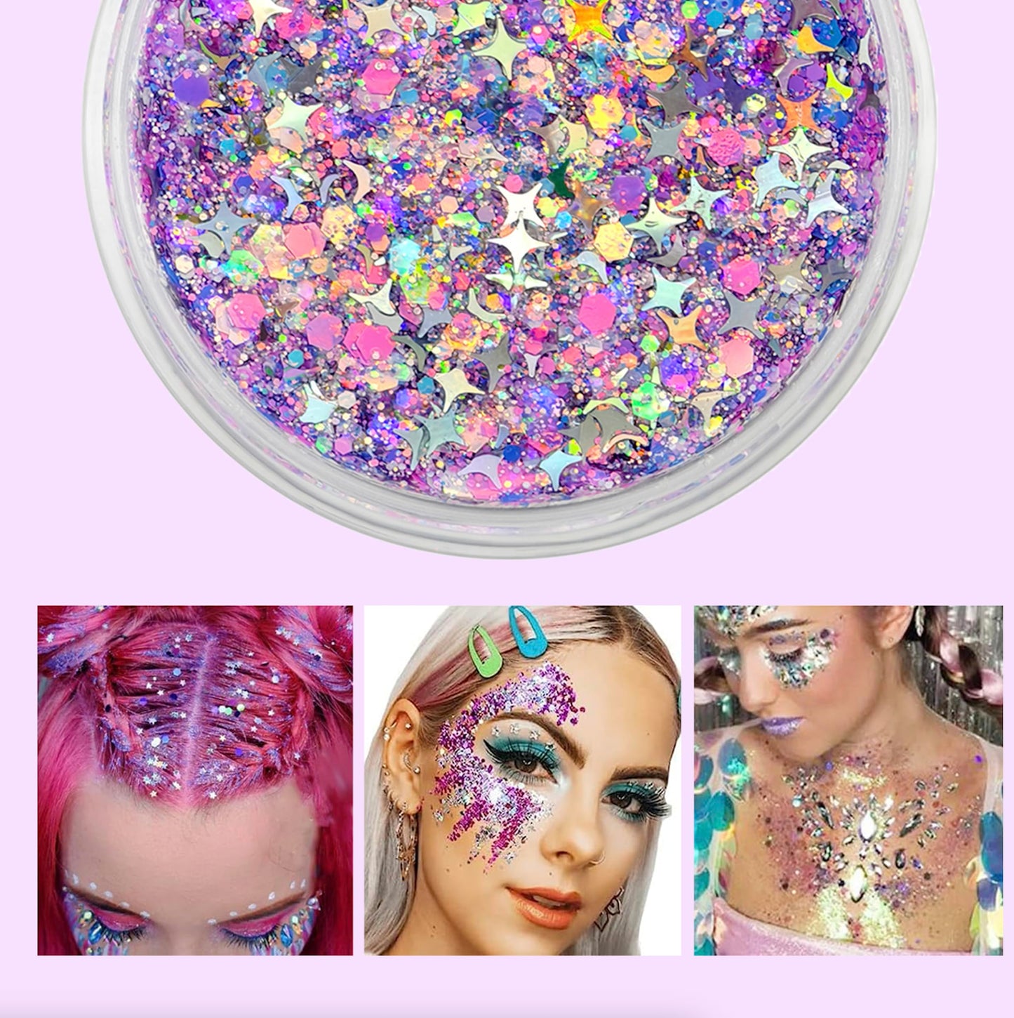 Lilac Purple - Holographic Chunky Glitter Gel for Body, Face, Hair - Vegan & Cruelty Free - Electric Bliss Beauty - Uses Include: Festival Rave Makeup