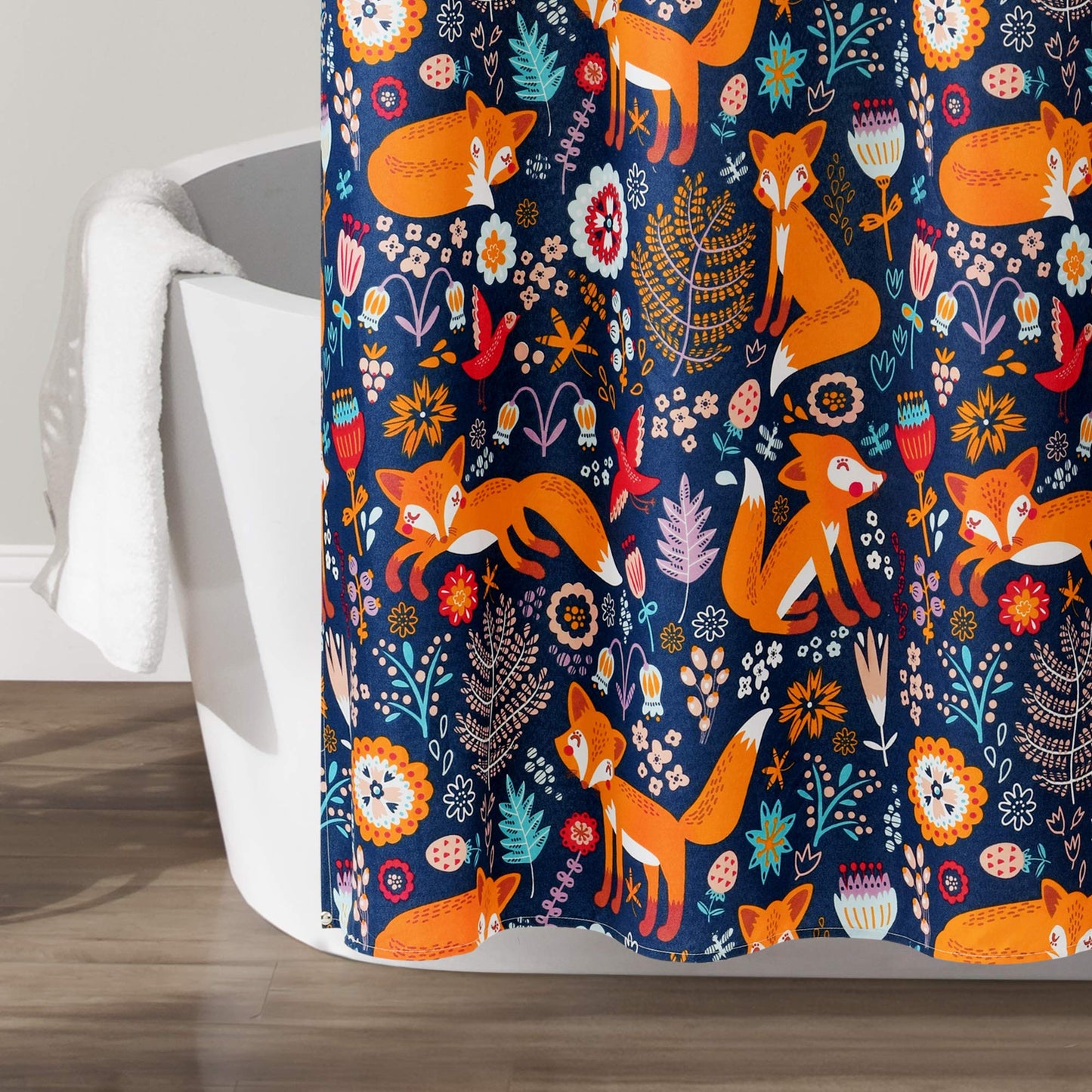Lush Decor Pixie Fox Shower Curtain, 72" W x 72" L, Navy - Navy Shower Curtain - Fun Kids Floral & Animal Bathroom Decor