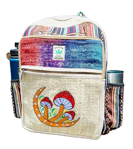 Himalayan Craft Hemp Backpack - Multi-Pocket Travel Bag, Laptop Unisex Pack, Cotton Stripe Nepali Bag for Festival & Hiking (17 Inch, 2 Large + 2 Bottle Pockets)