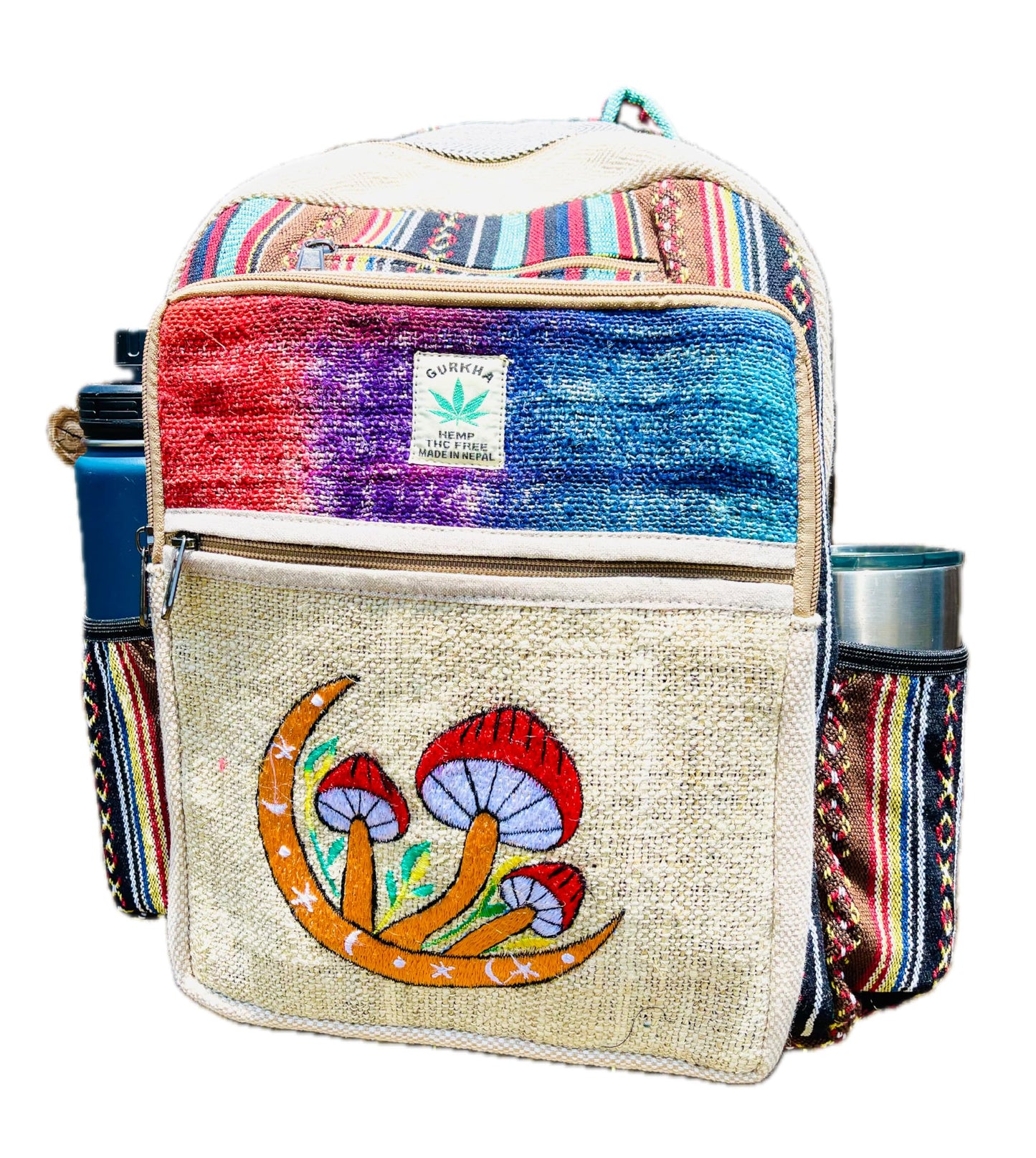 Himalayan Craft Hemp Backpack - Multi-Pocket Travel Bag, Laptop Unisex Pack, Cotton Stripe Nepali Bag for Festival & Hiking (17 Inch, 2 Large + 2 Bottle Pockets)