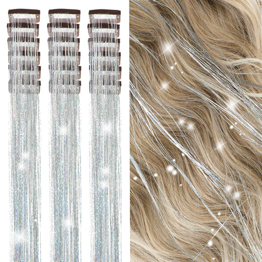 ZYXQZYX 19.6Inch Clip in Sparkle Fairy Hair Extensions Kit for Kids, Girls, Women - 18 Pcs Heat Resistant Hair Tinsel Clips (Silver) Beauty and Personal Care ZYXQZYX Default Title