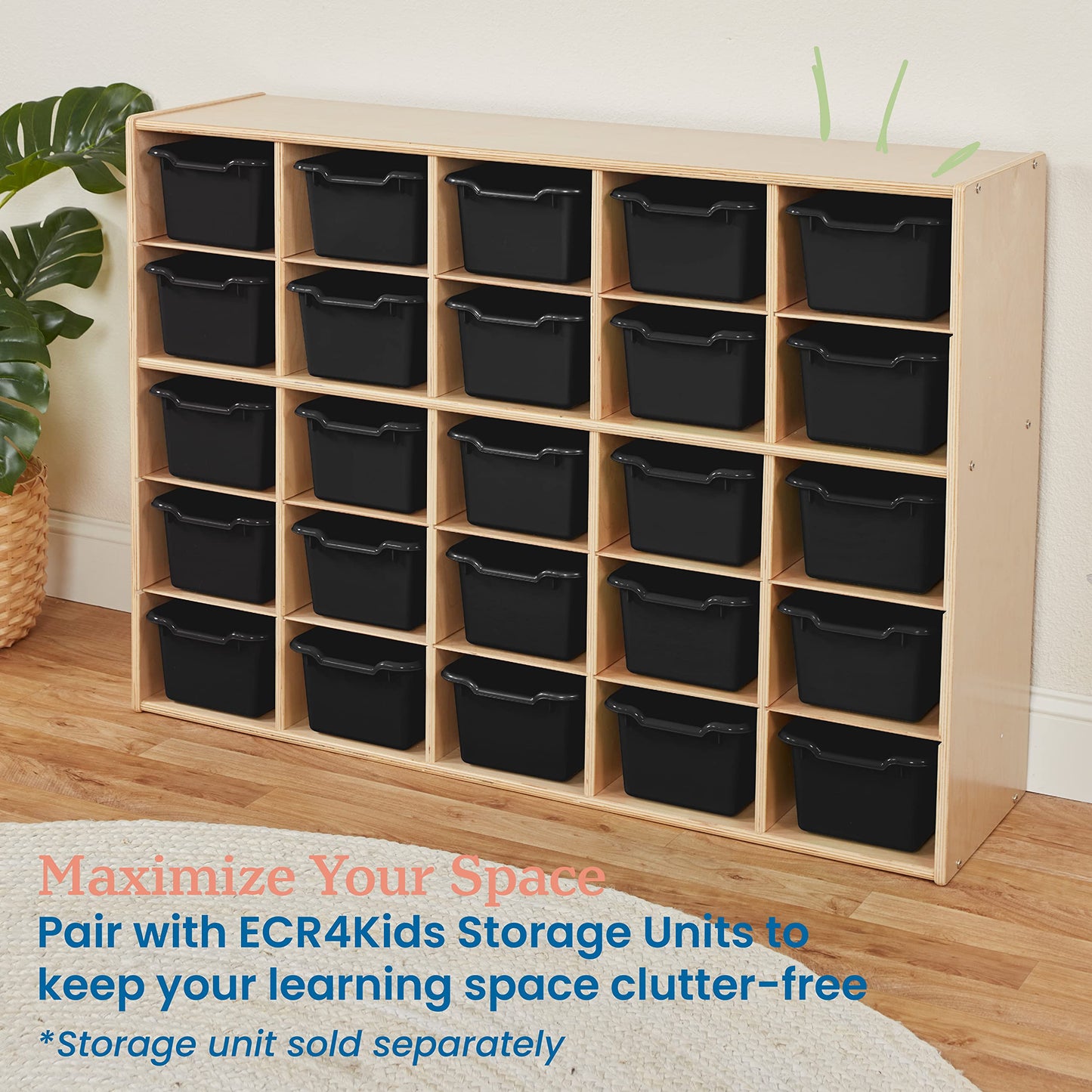 ECR4Kids Scoop Front Storage Bins, Multipurpose Organization, Black, 25-Piece