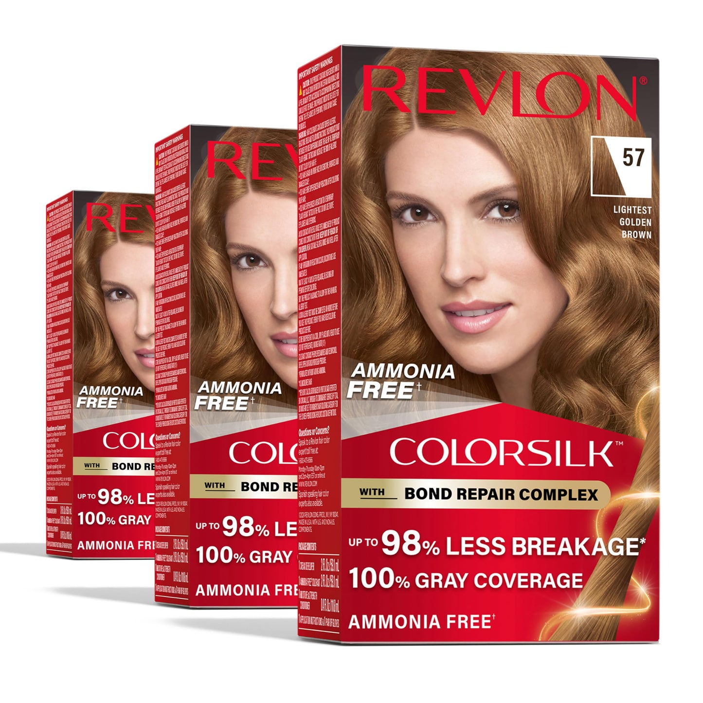 Revlon ColorSilk with Bond Repair Complex, Brown Permanent Hair Color, 100% Gray Coverage, Ammonia Free Hair Dye, Vegan Keratin, 57 Lightest Golden