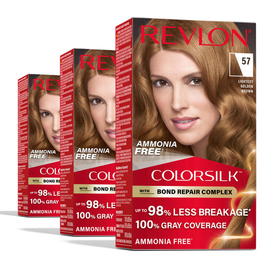 Revlon ColorSilk with Bond Repair Complex, Brown Permanent Hair Color, 100% Gray Coverage, Ammonia Free Hair Dye, Vegan Keratin, 57 Lightest Golden