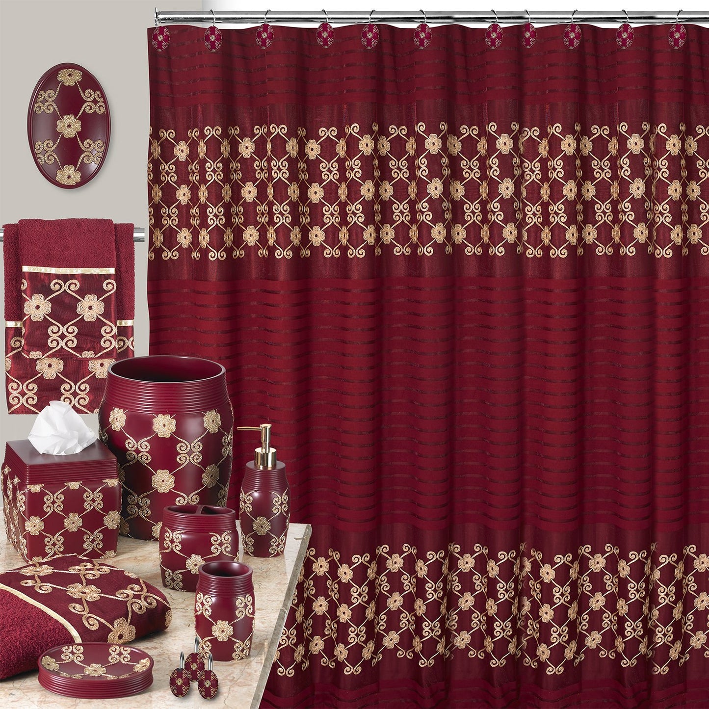 Popular Bath Shower Curtain, Vlegant Rosa Collection, 70" x 72", Burgundy/Gold