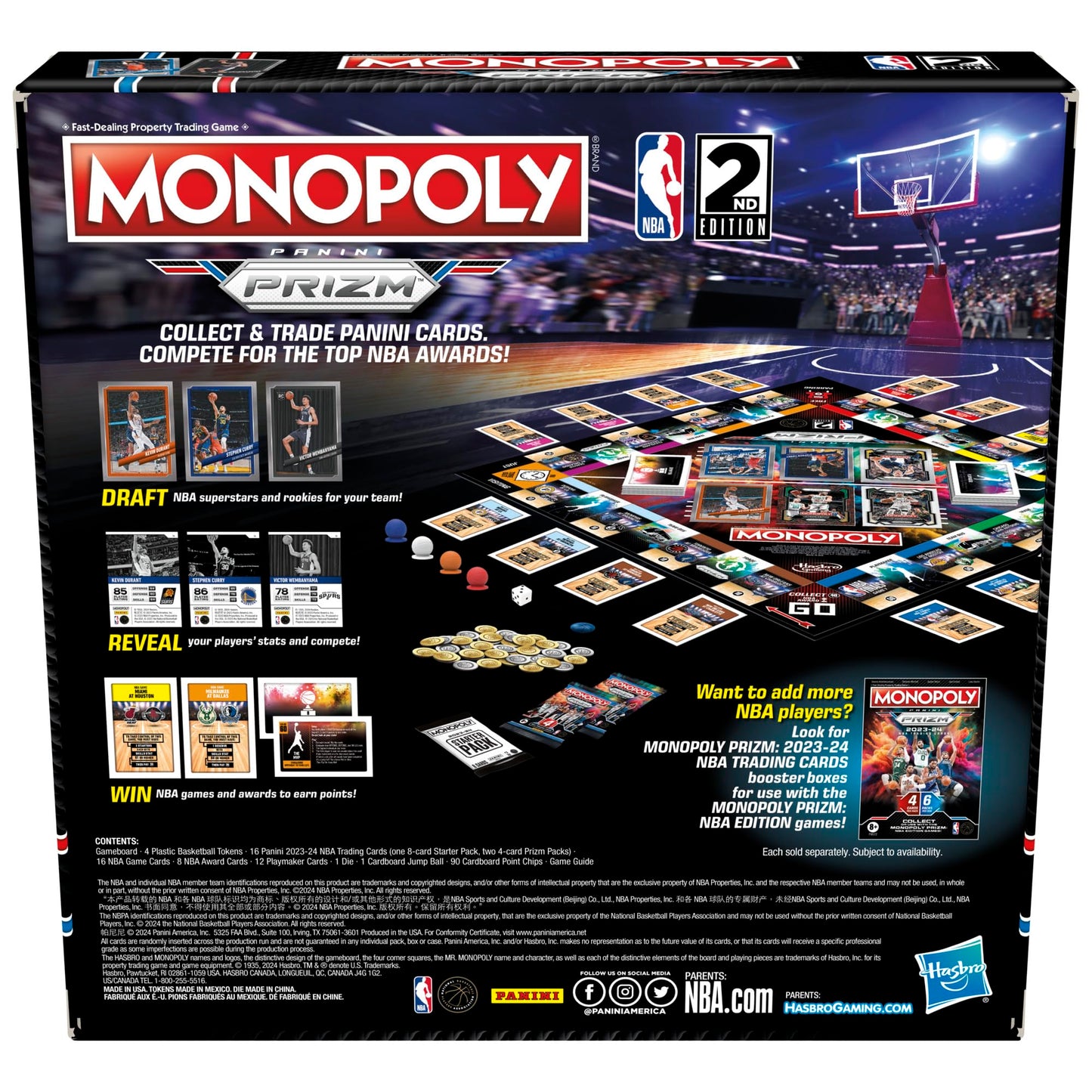 Monopoly Prizm: NBA 2nd Edition Board Game | Monopoly Game with 2023-24 Panini NBA Trading Cards | Ages 8 and Up | 2 to 4 Players | Basketball Games