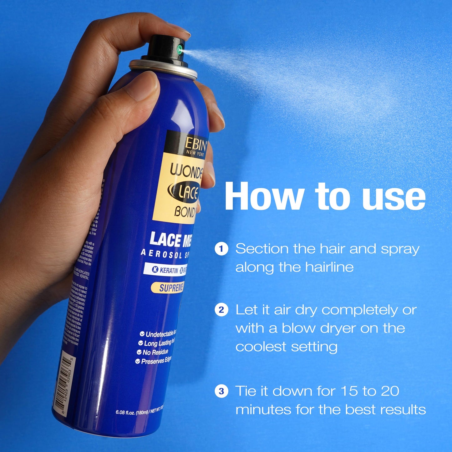 Wonder Lace Melt Aerosol Spray - Keratin Biotin Infused 6.08 fl.oz./180ml Preserves Edges & Undetectable Lace Long lasting hold No Residue glueless