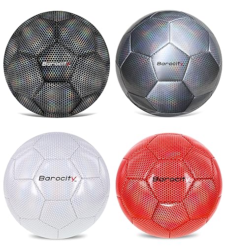 Barocity Iridescent Soccer Balls Set of 4 - Black, Silver, White, and Red Official Match Ball with Reflective Hex Pattern, Sport Soccer Balls…