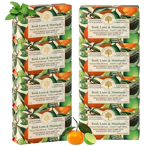Wavertree & London Basil, Lime & Mandarin Scented Natural Soap (8 Bars), 7oz Moisturizing French Triple Milled Soap Bars enriched with shea butter