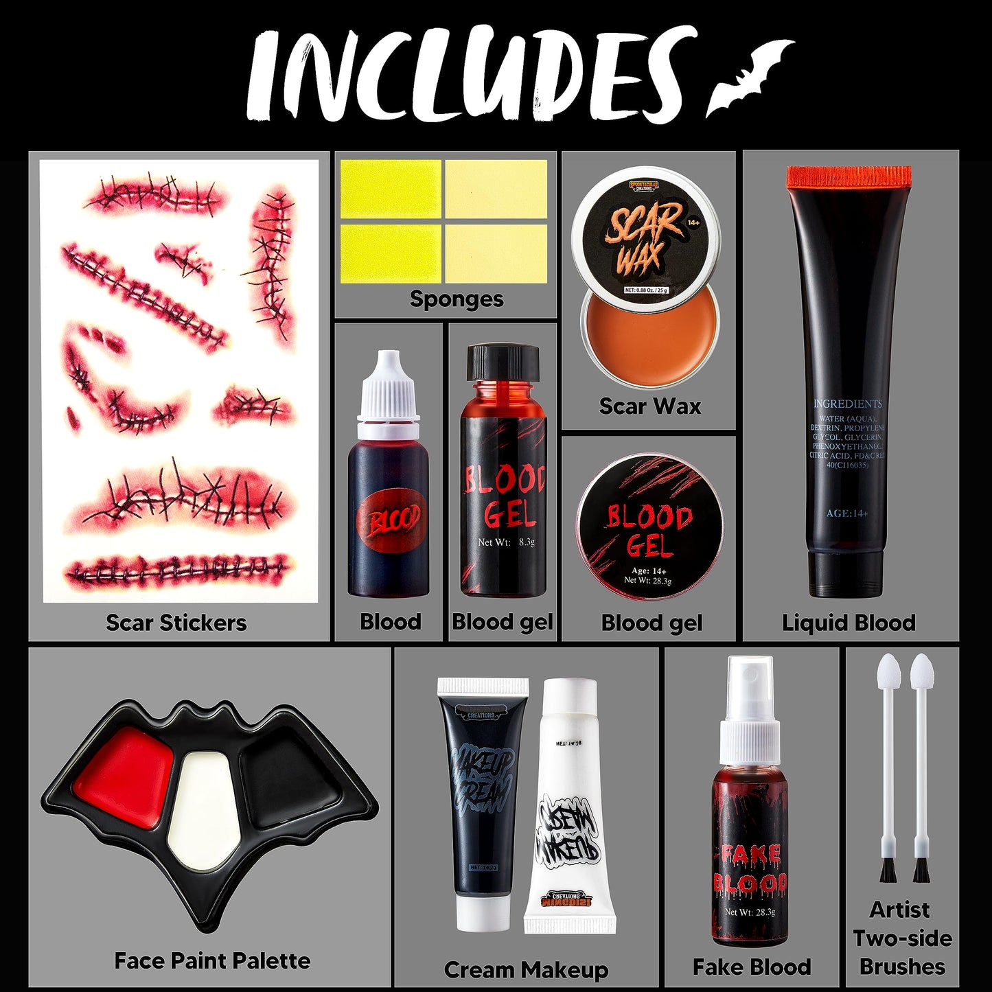 Spooktacular Creations 16 Pcs Halloween Family Makeup Kit Face Body Paint with Liquid Blood Gel, Fake Blood and More Easy On Makeup Set for Zombie