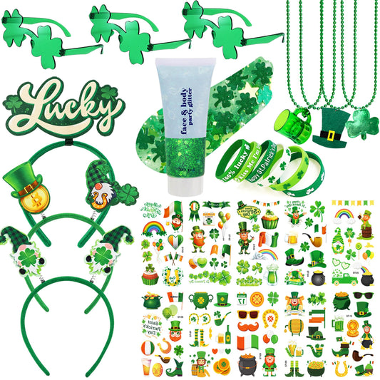 Qaeshi 117 Pcs St Patricks Day All-in-One Accessories Kit, Skin-Friendly Custom Shamrock Green Glitter Gel Irish Party Favors Supplies Shamrock