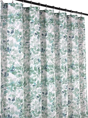 VCNY Home Bathroom Fabric Shower Curtain: Lush Nature Teal Blue Green White Leaf Pattern on Faux Linen