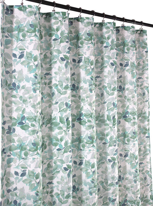 VCNY Home Bathroom Fabric Shower Curtain: Lush Nature Teal Blue Green White Leaf Pattern on Faux Linen