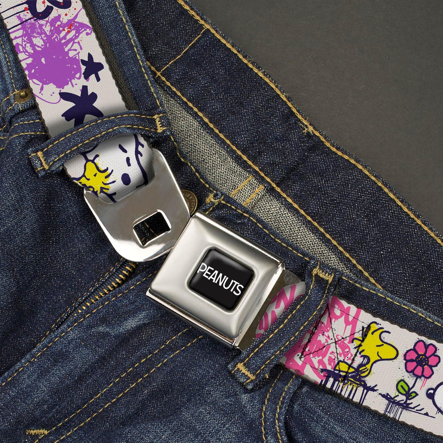 Peanuts Belt, Seatbelt Buckle Belt, Peanuts Snoopy and Woodstock Graffiti Collage Multi Color, Youth 20 to 36 Inches